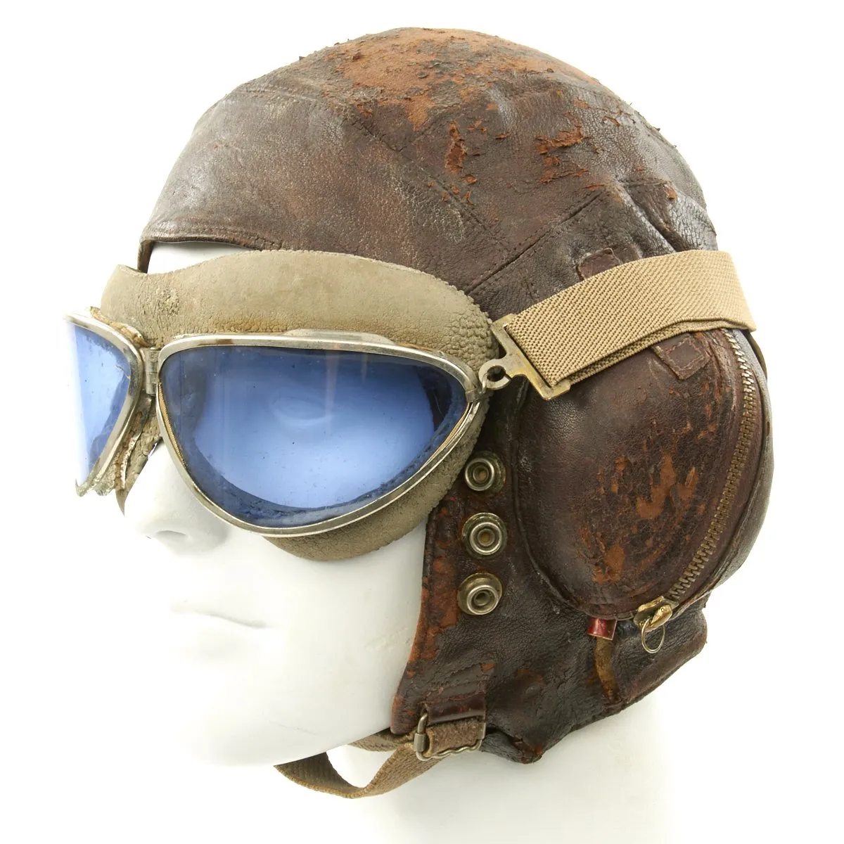 Original British WWII 2nd Pattern Royal Navy Fleet Air Arm Fighter Pilot Type C Leather Flying Helmet With Gosport Tubes and Blue Tint Goggles