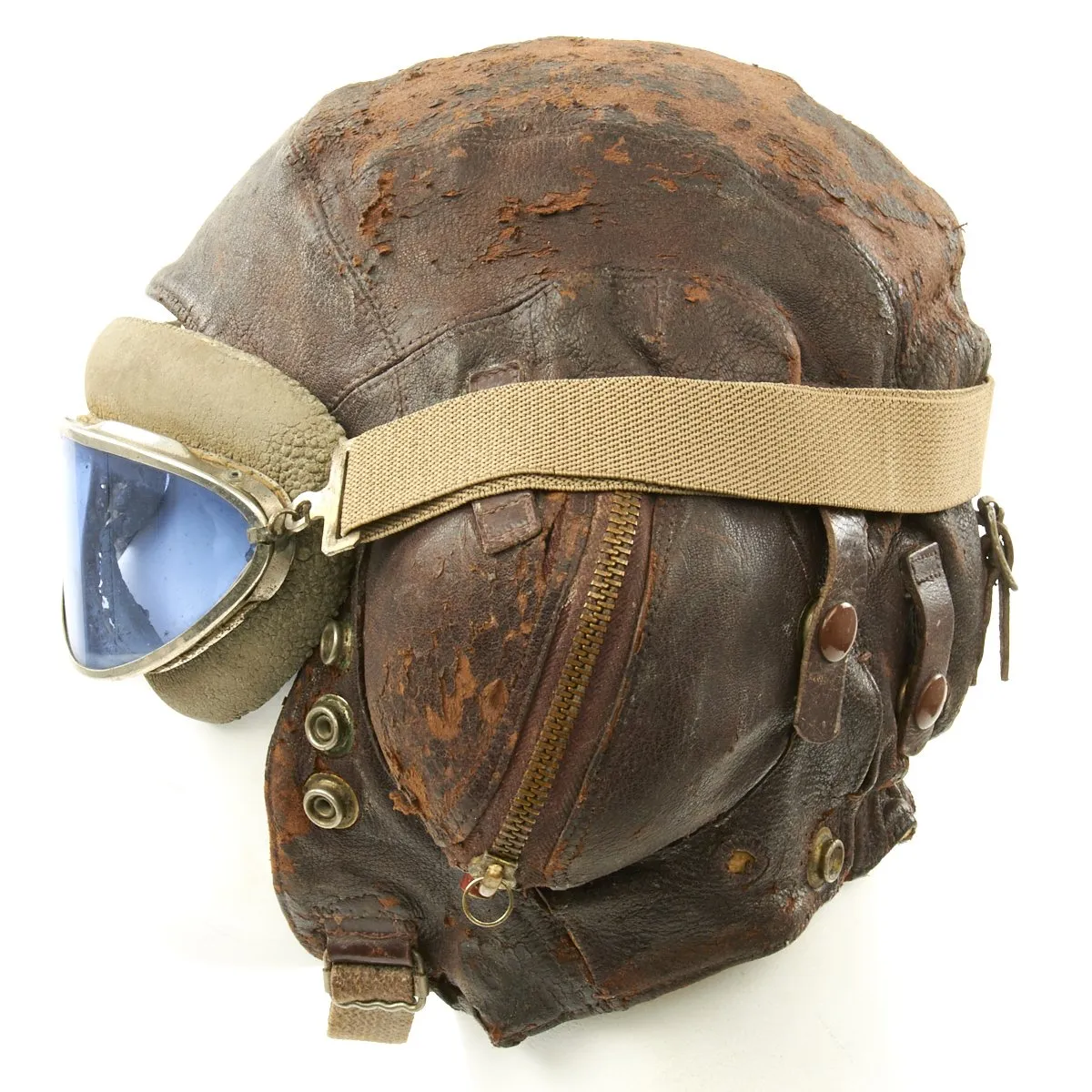 Original British WWII 2nd Pattern Royal Navy Fleet Air Arm Fighter Pilot Type C Leather Flying Helmet With Gosport Tubes and Blue Tint Goggles