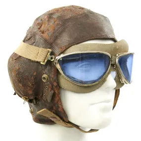 Original British WWII 2nd Pattern Royal Navy Fleet Air Arm Fighter Pilot Type C Leather Flying Helmet With Gosport Tubes and Blue Tint Goggles