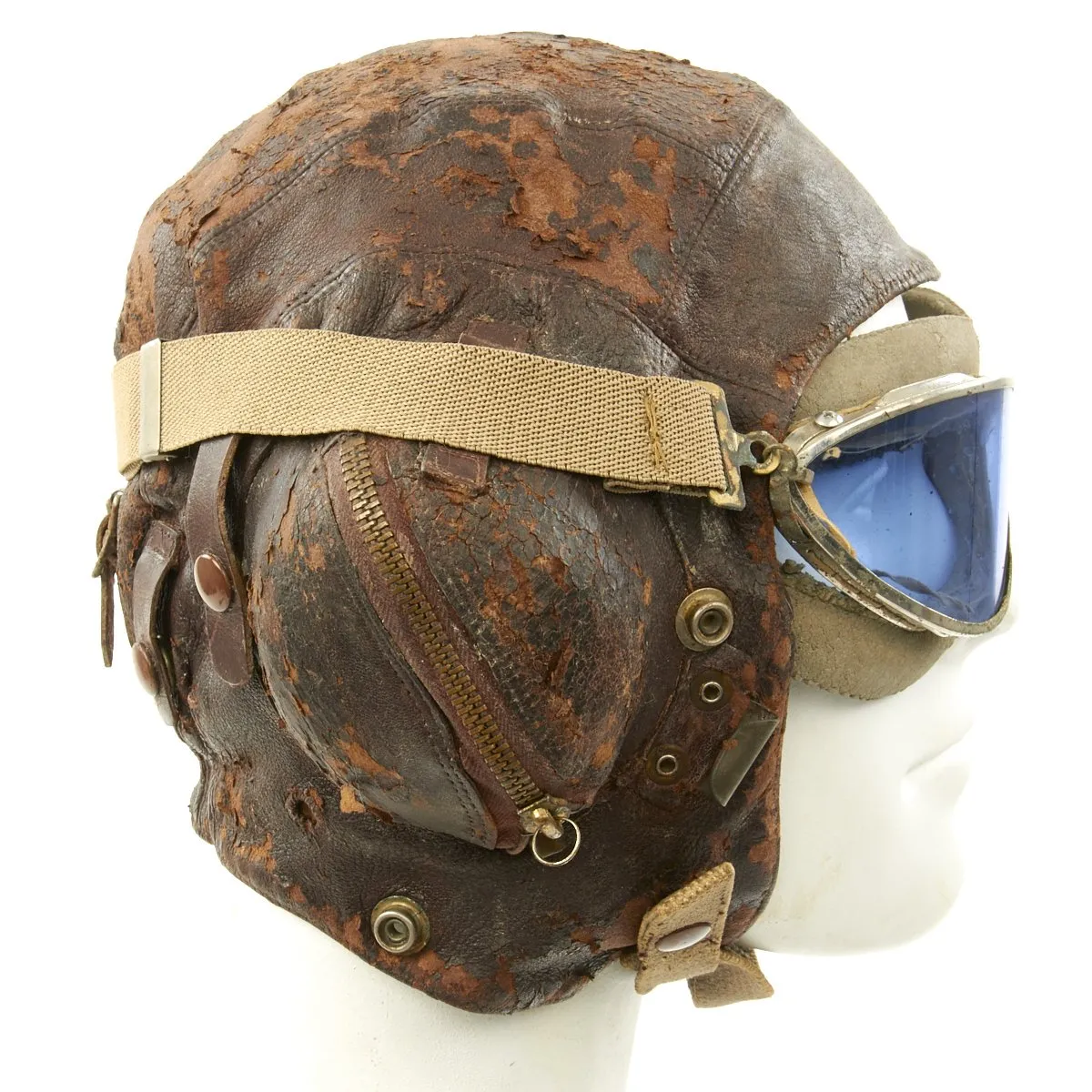 Original British WWII 2nd Pattern Royal Navy Fleet Air Arm Fighter Pilot Type C Leather Flying Helmet With Gosport Tubes and Blue Tint Goggles