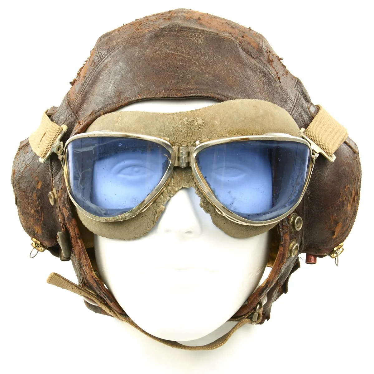 Original British WWII 2nd Pattern Royal Navy Fleet Air Arm Fighter Pilot Type C Leather Flying Helmet With Gosport Tubes and Blue Tint Goggles