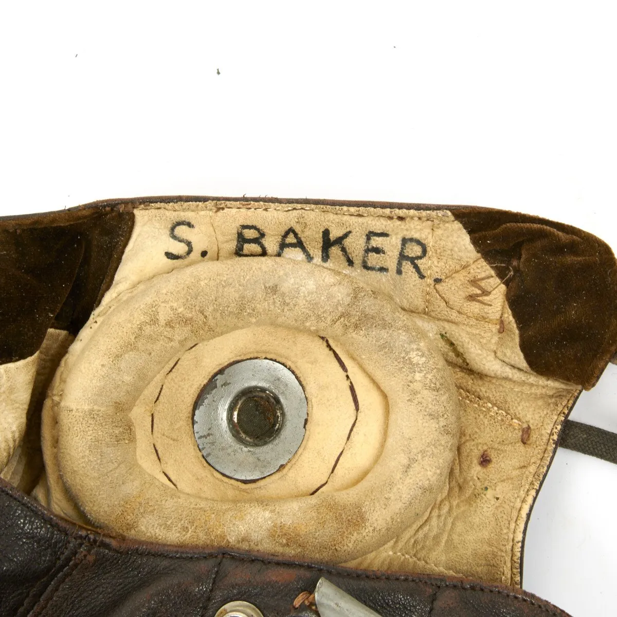Original British WWII RAF Named Type C Leather Flying Helmet with Mk VIII Goggles - S. BAKER