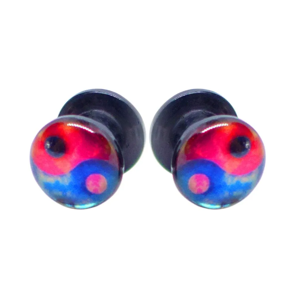 Pierce2GO Black with Blue and Red YingYang Design Acrylic Plugs Set Ear Gauges Flesh Tunnels Plugs Stretchers Expander Ear Piercing Jewelry