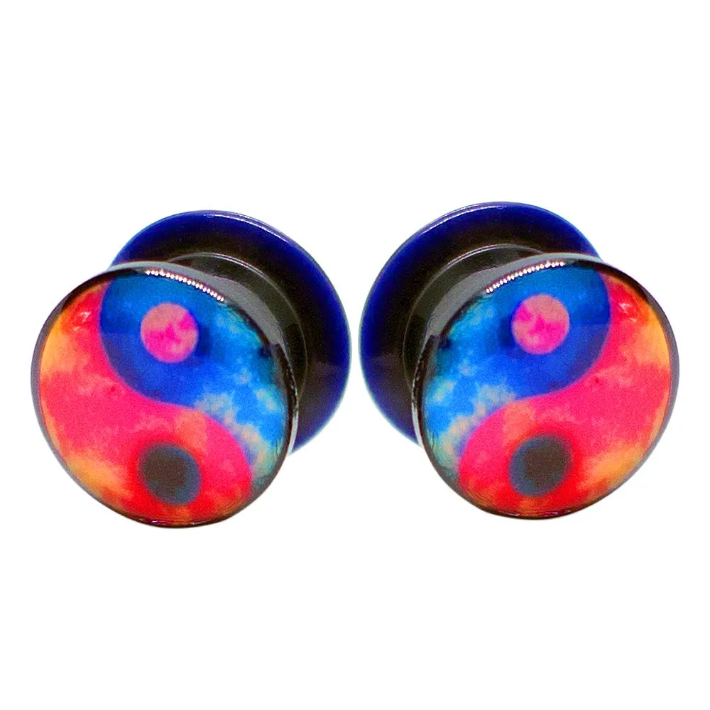 Pierce2GO Black with Blue and Red YingYang Design Acrylic Plugs Set Ear Gauges Flesh Tunnels Plugs Stretchers Expander Ear Piercing Jewelry