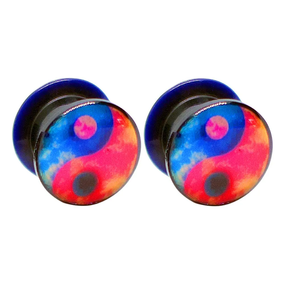 Pierce2GO Black with Blue and Red YingYang Design Acrylic Plugs Set Ear Gauges Flesh Tunnels Plugs Stretchers Expander Ear Piercing Jewelry