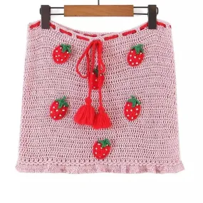 Pink Strawberry Crochet Knitted Mini Skirt