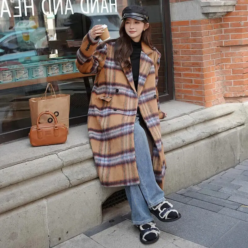 Plaid Maxi Coat with British Wool and Pockets for Women