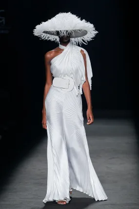 Pleated Asymmetric Flared Jumpsuit