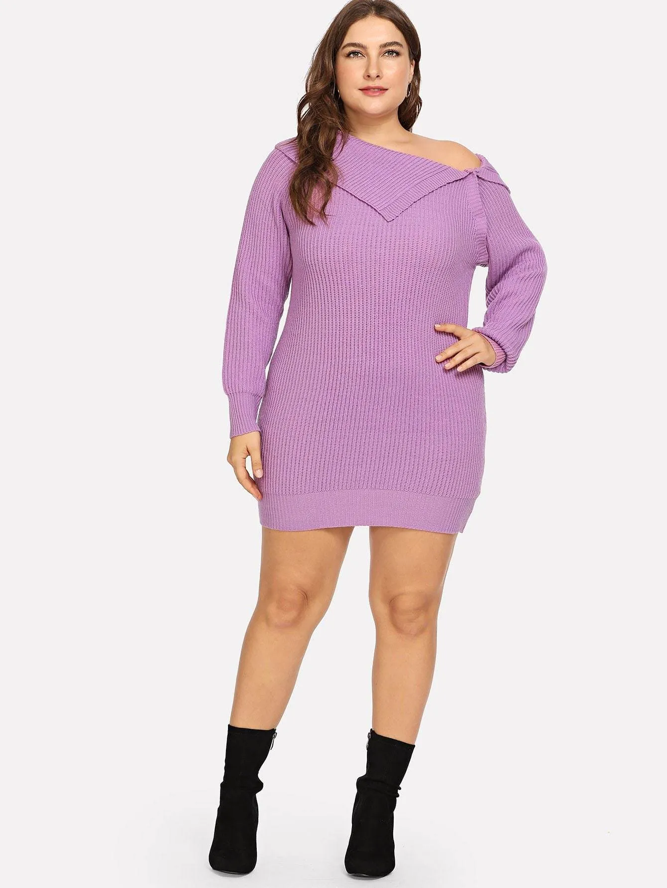 Plus Fold Over Asymmetrical Neck Solid Sweater Dress