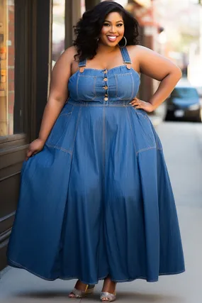 Plus Size Daily Blue Button Overall Tencel Denim Maxi Dress