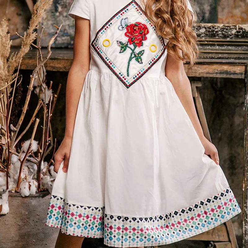 Red Rose White Cotton Dress, Size 6-15Yrs