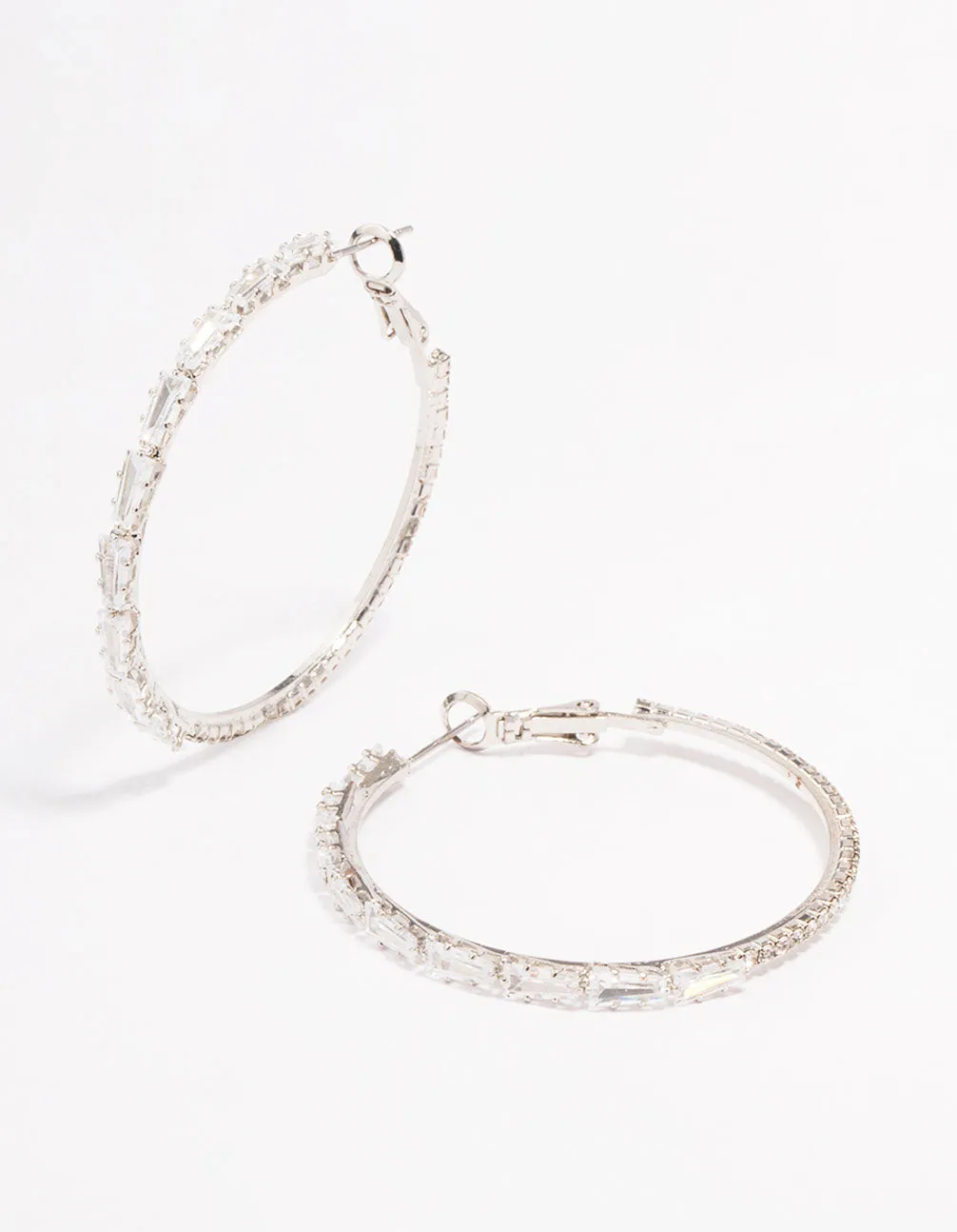 Rhodium Cubic Zirconia Baguette Stone Hoop Earrings