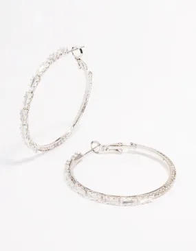 Rhodium Cubic Zirconia Baguette Stone Hoop Earrings
