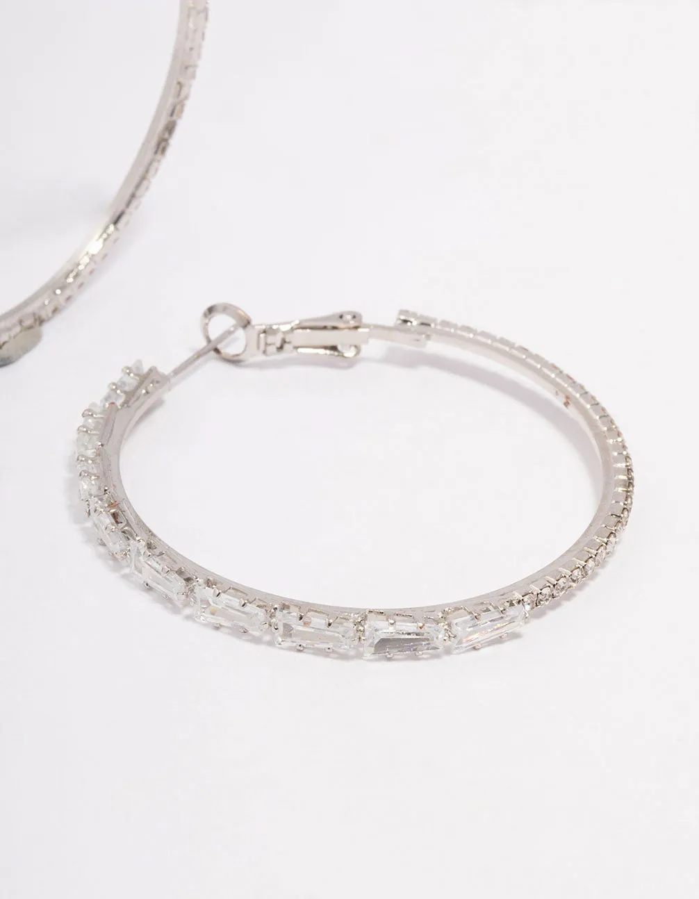 Rhodium Cubic Zirconia Baguette Stone Hoop Earrings