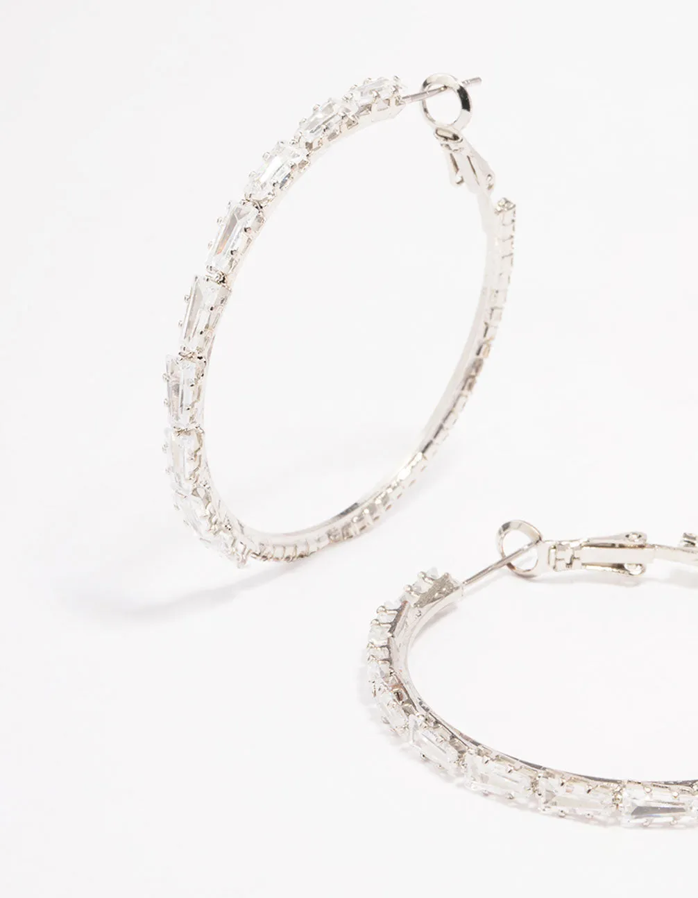 Rhodium Cubic Zirconia Baguette Stone Hoop Earrings