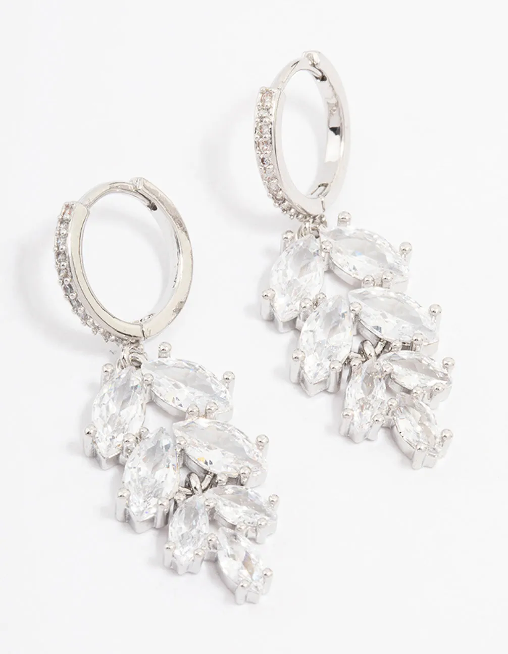 Rhodium Cubic Zirconia Leaf Huggie Drop Earrings