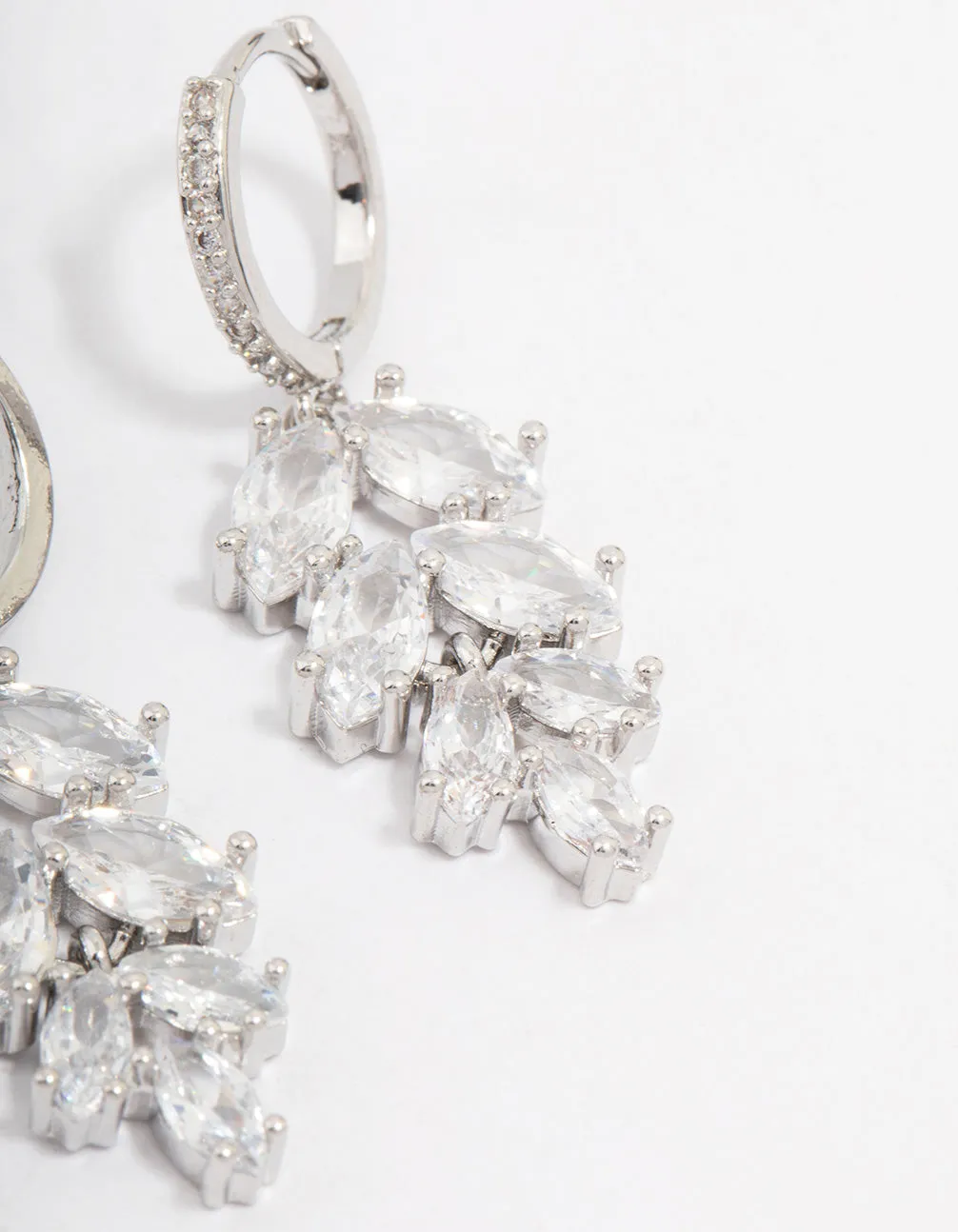Rhodium Cubic Zirconia Leaf Huggie Drop Earrings