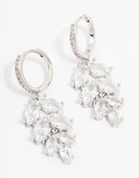 Rhodium Cubic Zirconia Leaf Huggie Drop Earrings
