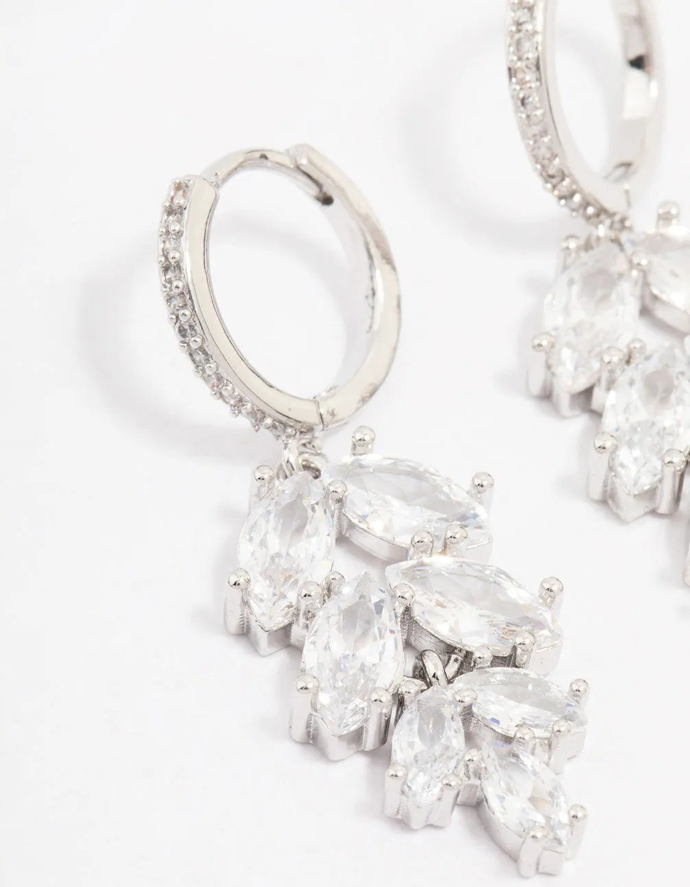 Rhodium Cubic Zirconia Leaf Huggie Drop Earrings
