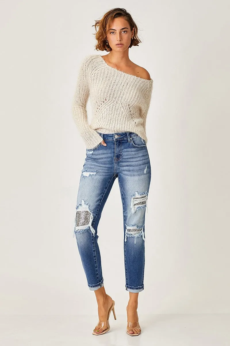 Risen Jeans - Mid Rise Sequins Patched Tapered Jeans - RDP5414