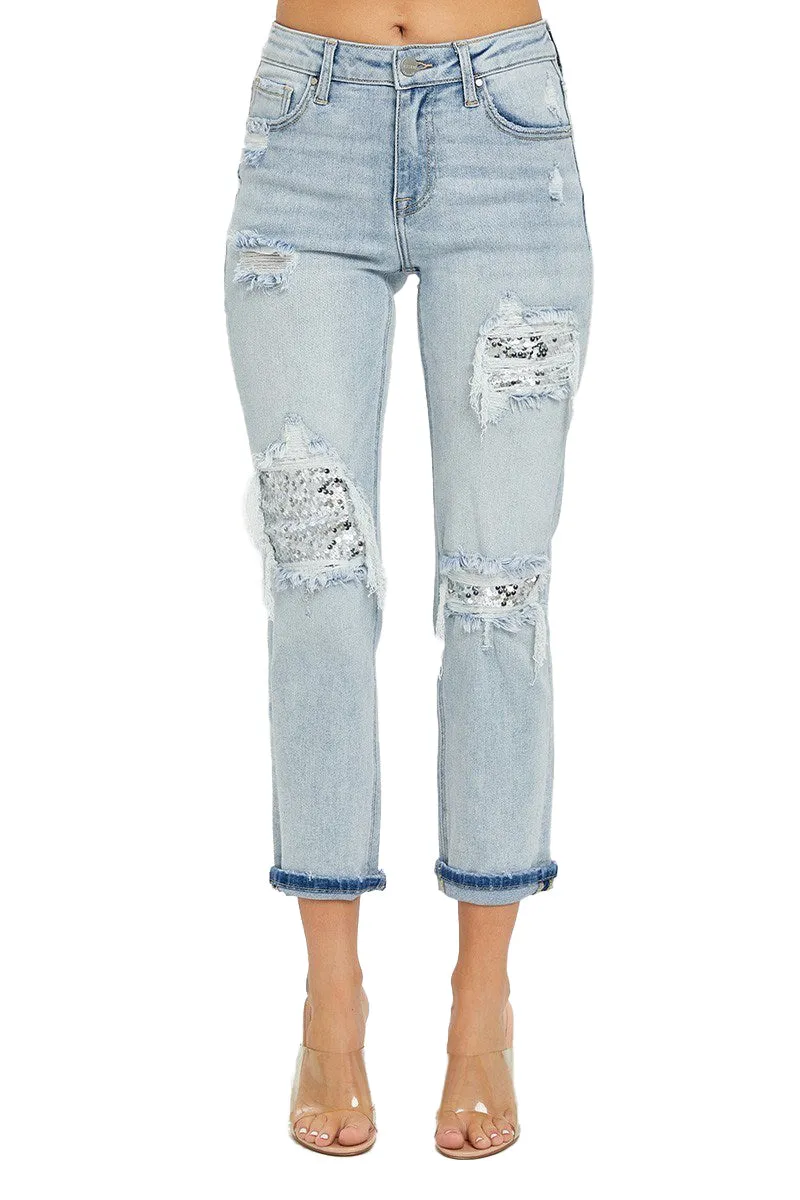 Risen Jeans - Mid Rise Sequins Patched Tapered Jeans - RDP5414