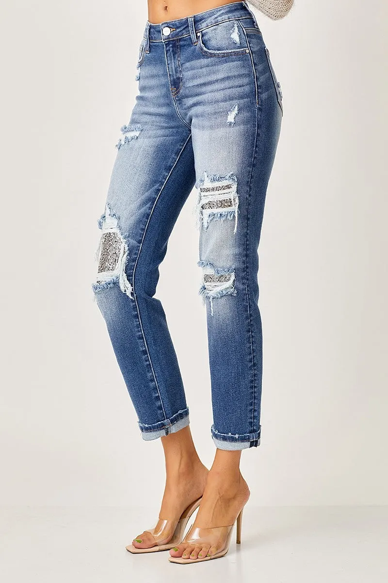 Risen Jeans - Mid Rise Sequins Patched Tapered Jeans - RDP5414