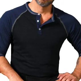 Royal Blue &  Navy Contrast 3/4 Raglan Sleeve Henley - Made In USA (One Piece XL Available)