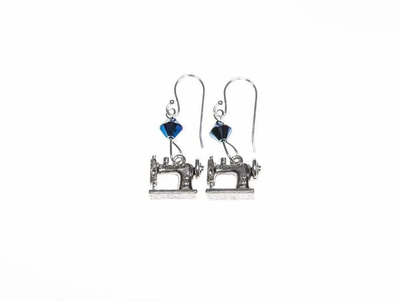 Sewing Machine Earrings with Blue Swarovski Crystals
