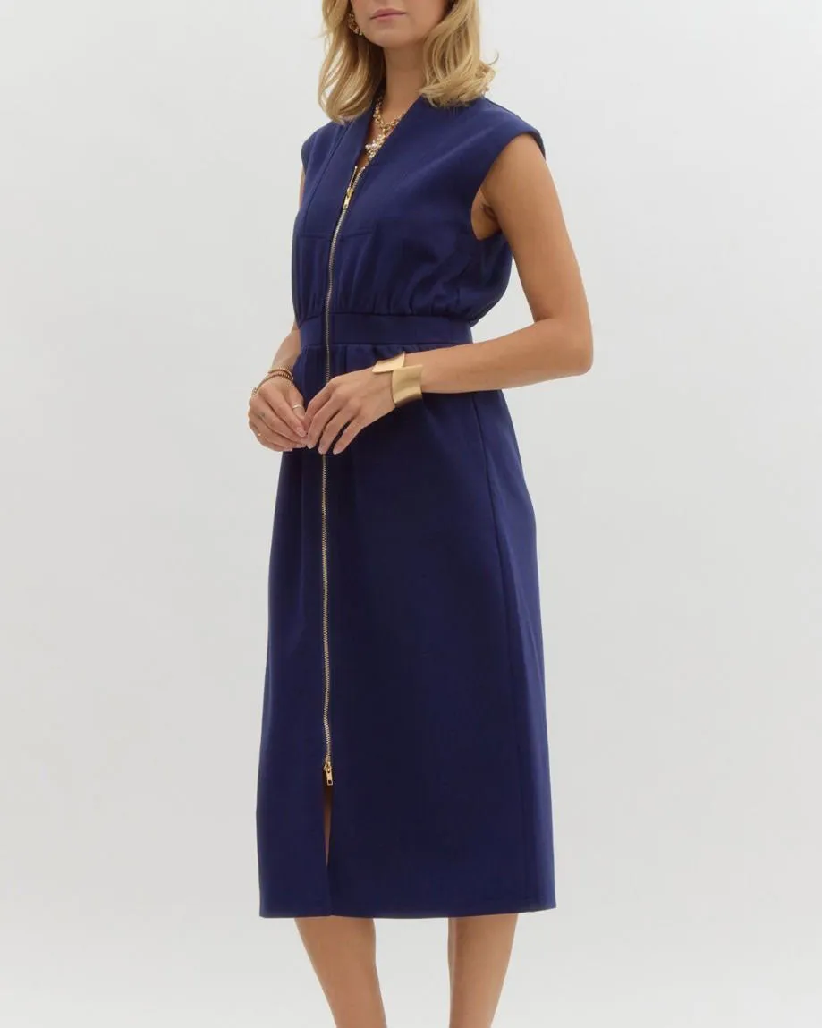 Soft Zip Front Dress - Navy