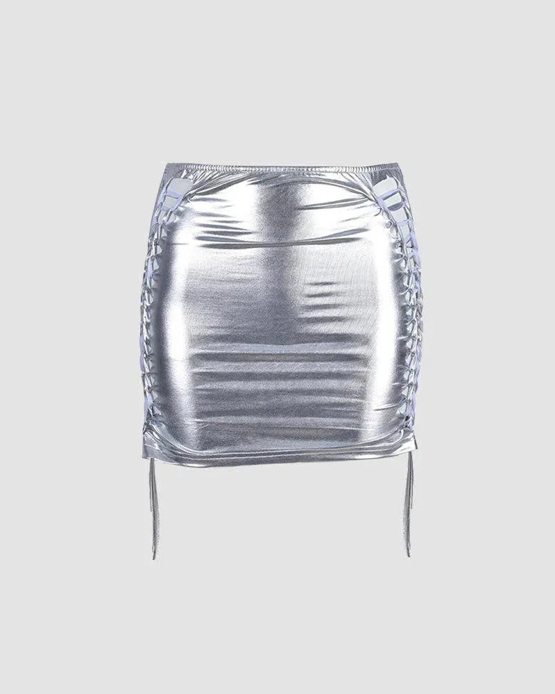 Solaria – Side shoelace detail – Metallic mini skirt