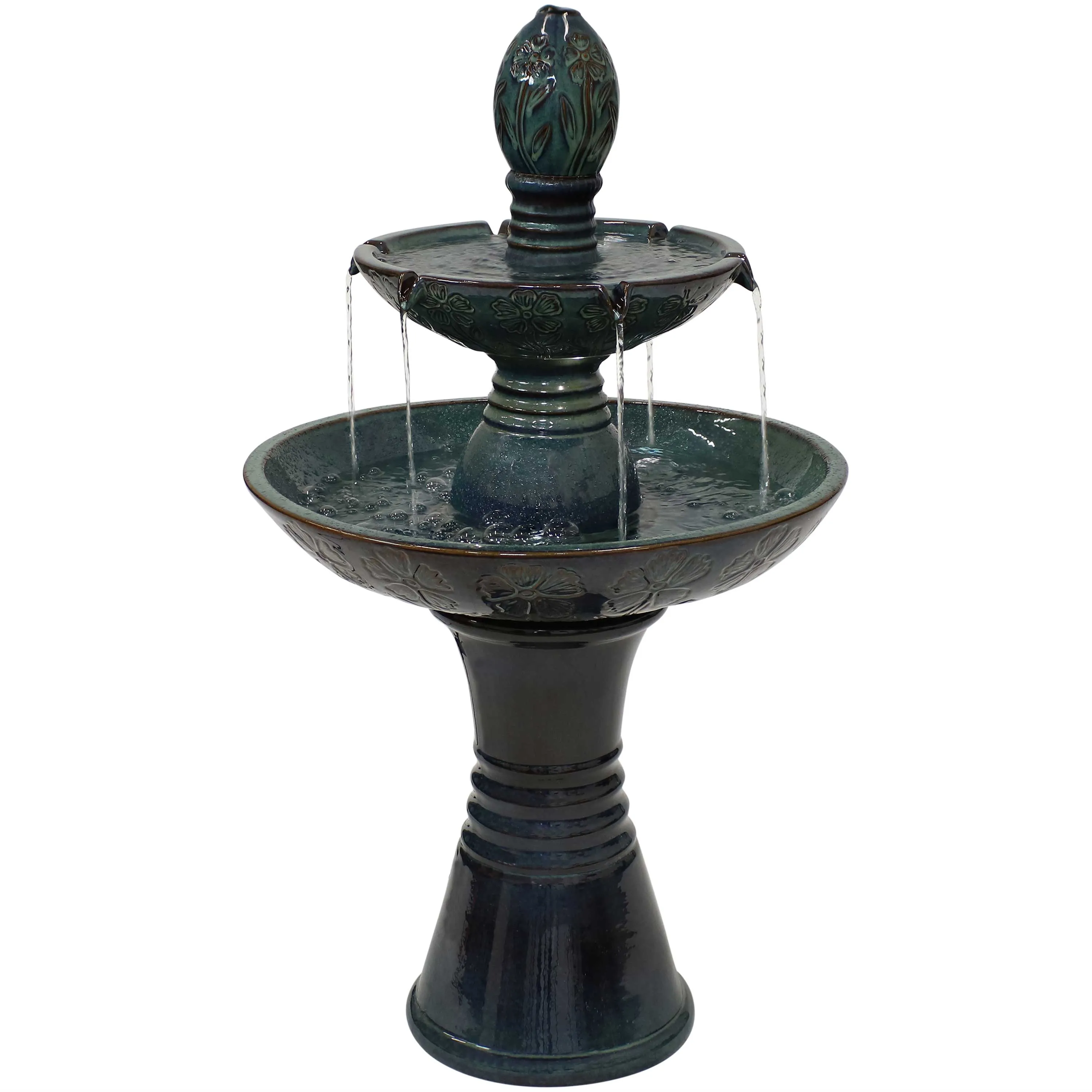 Sunnydaze Double Tier Outdoor Ceramic Fountain with LED Lights - 38"