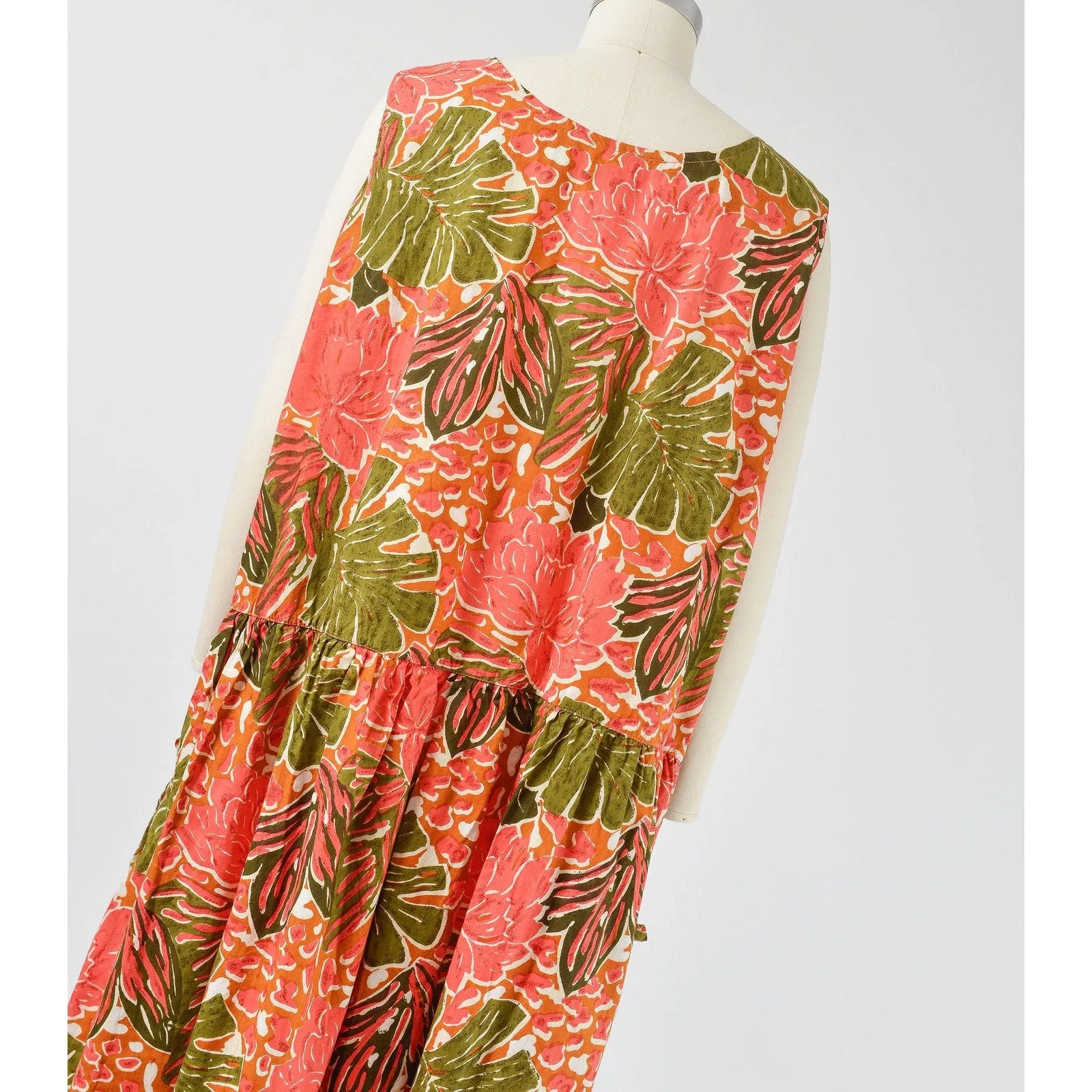 Vintage 90s Plus Size Tropical Leaf Print Drop Waist Sundress with Pockets XXL