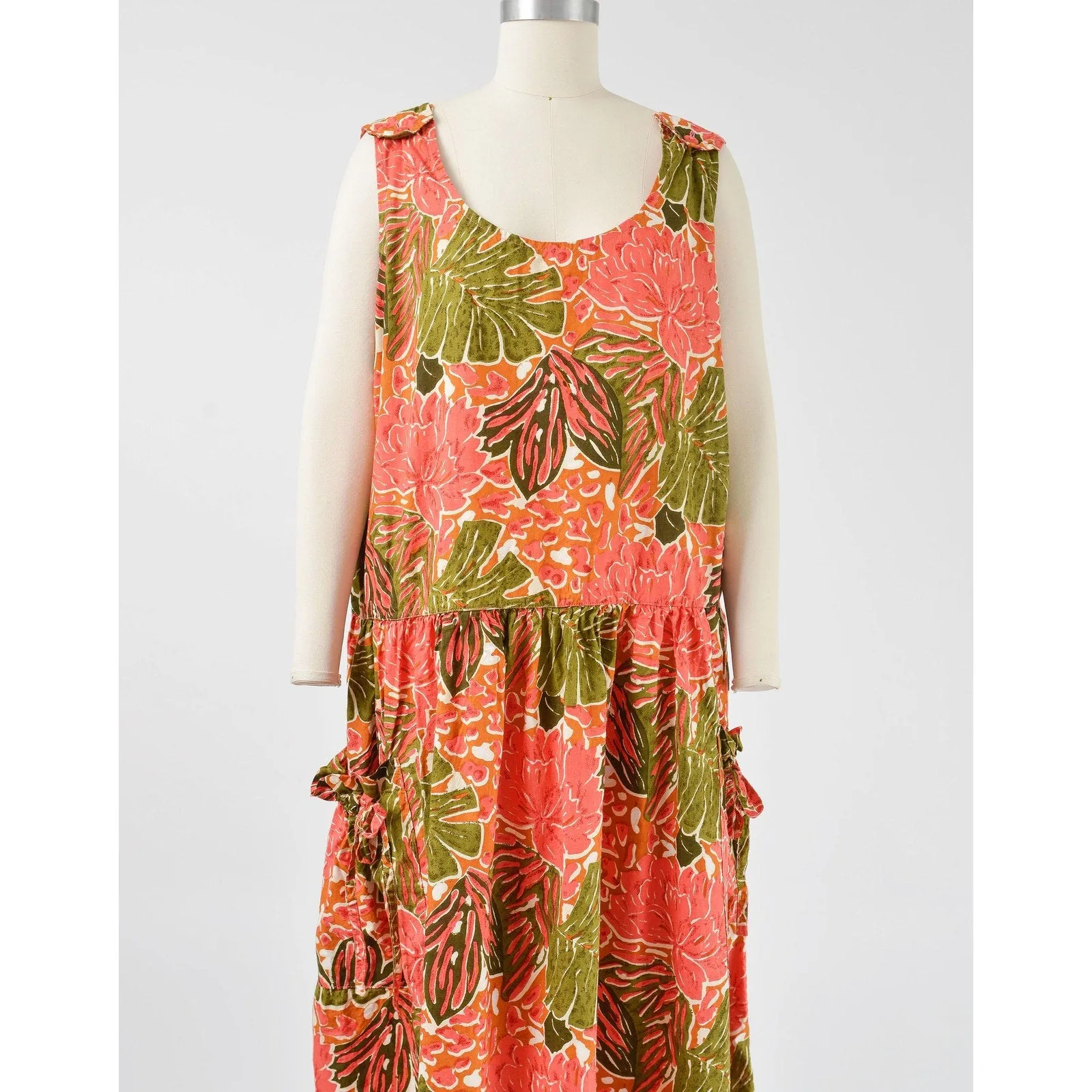 Vintage 90s Plus Size Tropical Leaf Print Drop Waist Sundress with Pockets XXL