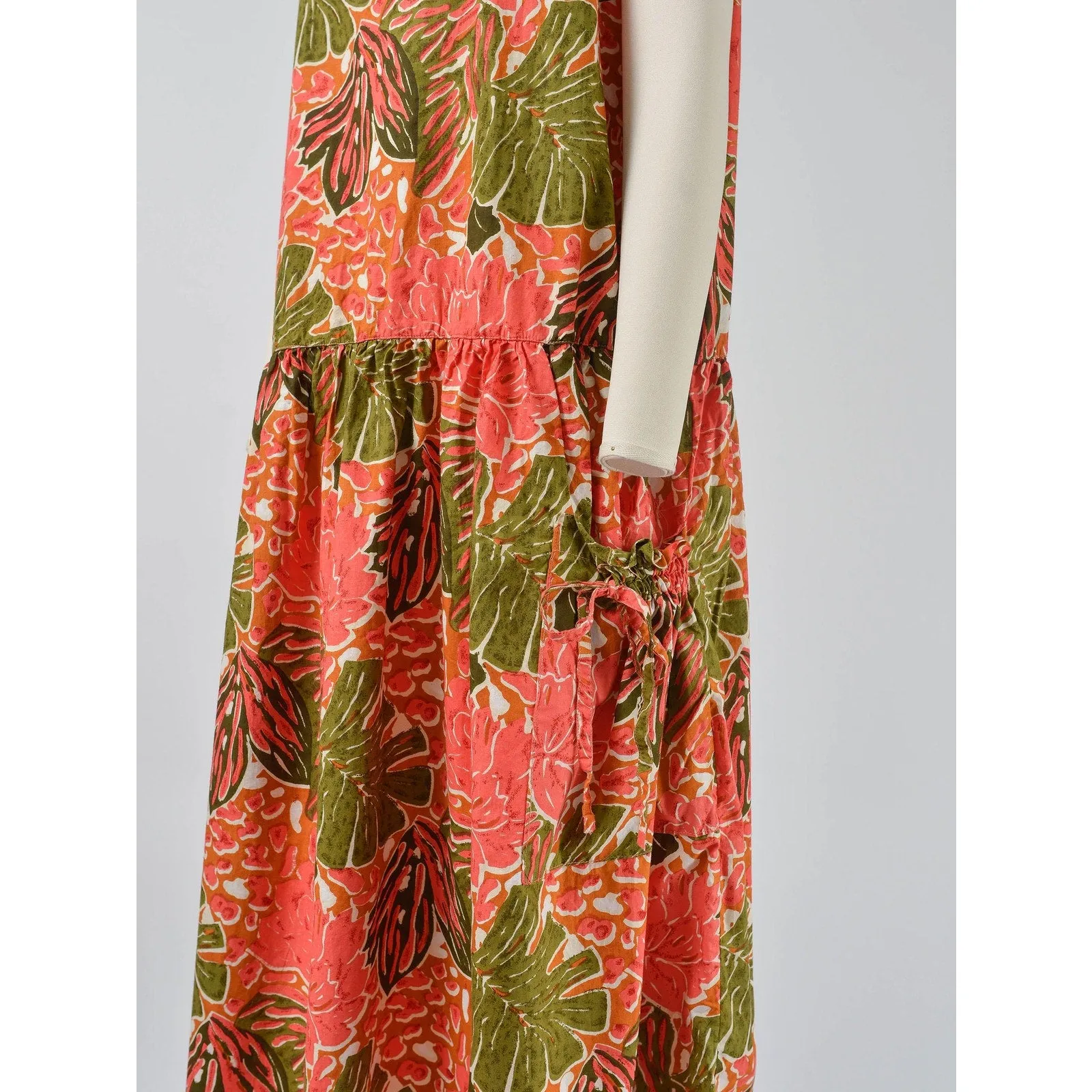 Vintage 90s Plus Size Tropical Leaf Print Drop Waist Sundress with Pockets XXL