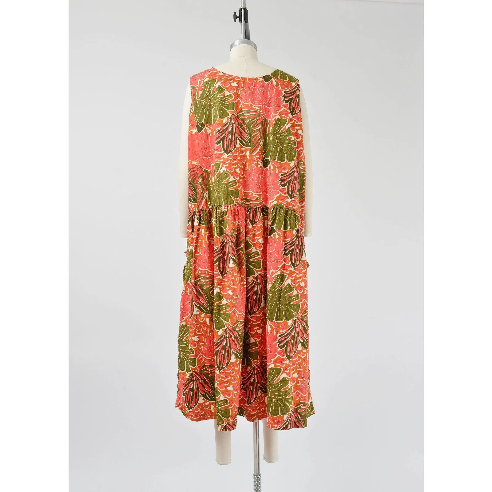 Vintage 90s Plus Size Tropical Leaf Print Drop Waist Sundress with Pockets XXL
