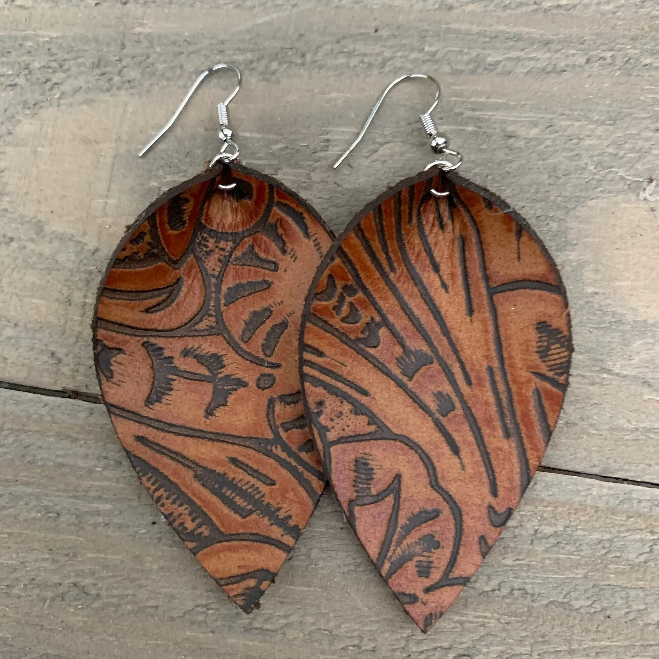 Whiskey Brown Floral Leather Earrings