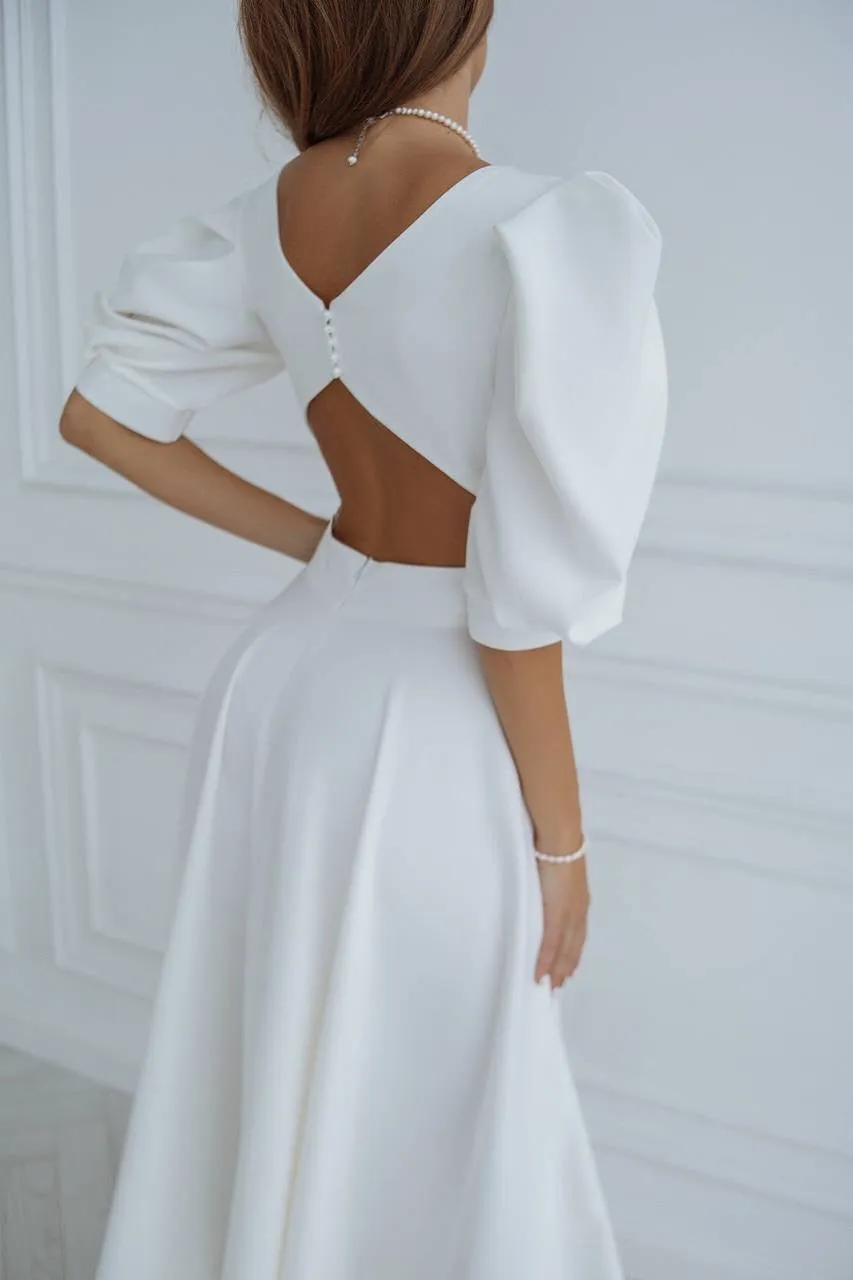 White midi dress "Open back pearl"