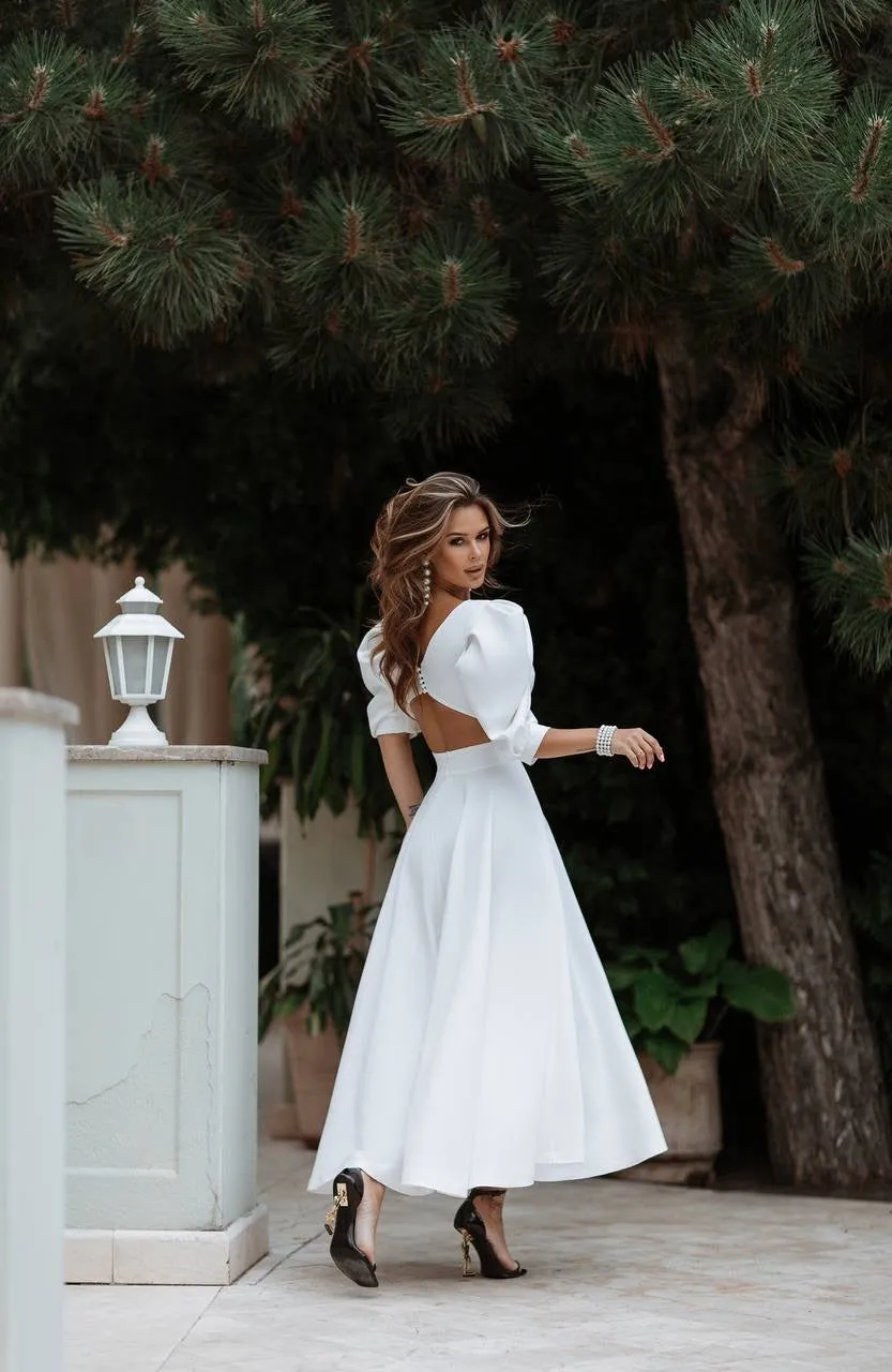 White midi dress "Open back pearl"
