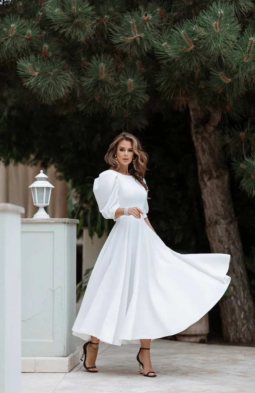 White midi dress "Open back pearl"