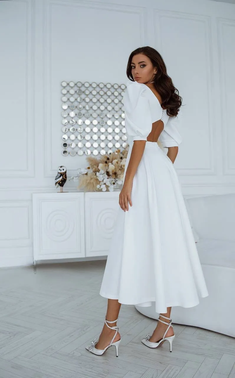 White midi dress "Open back pearl"