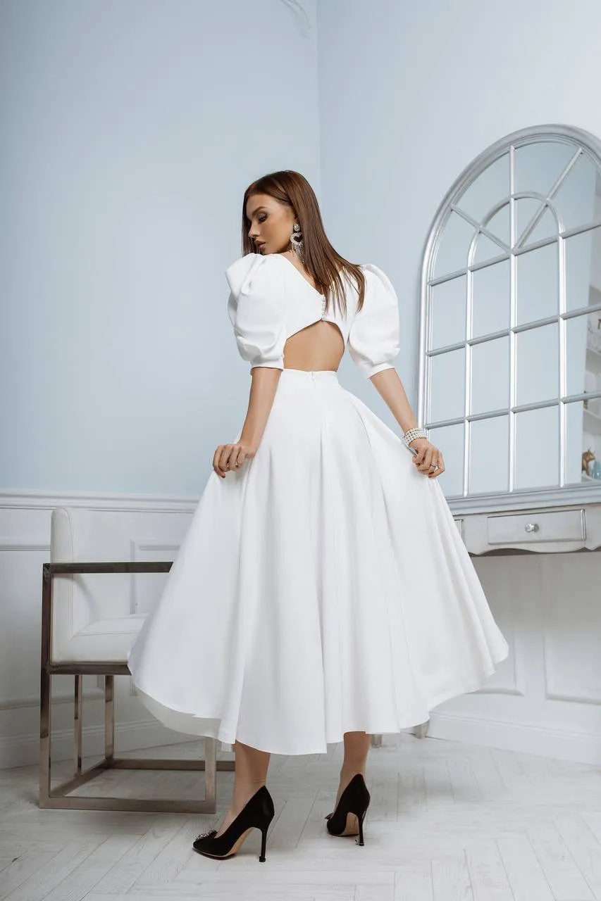 White midi dress "Open back pearl"