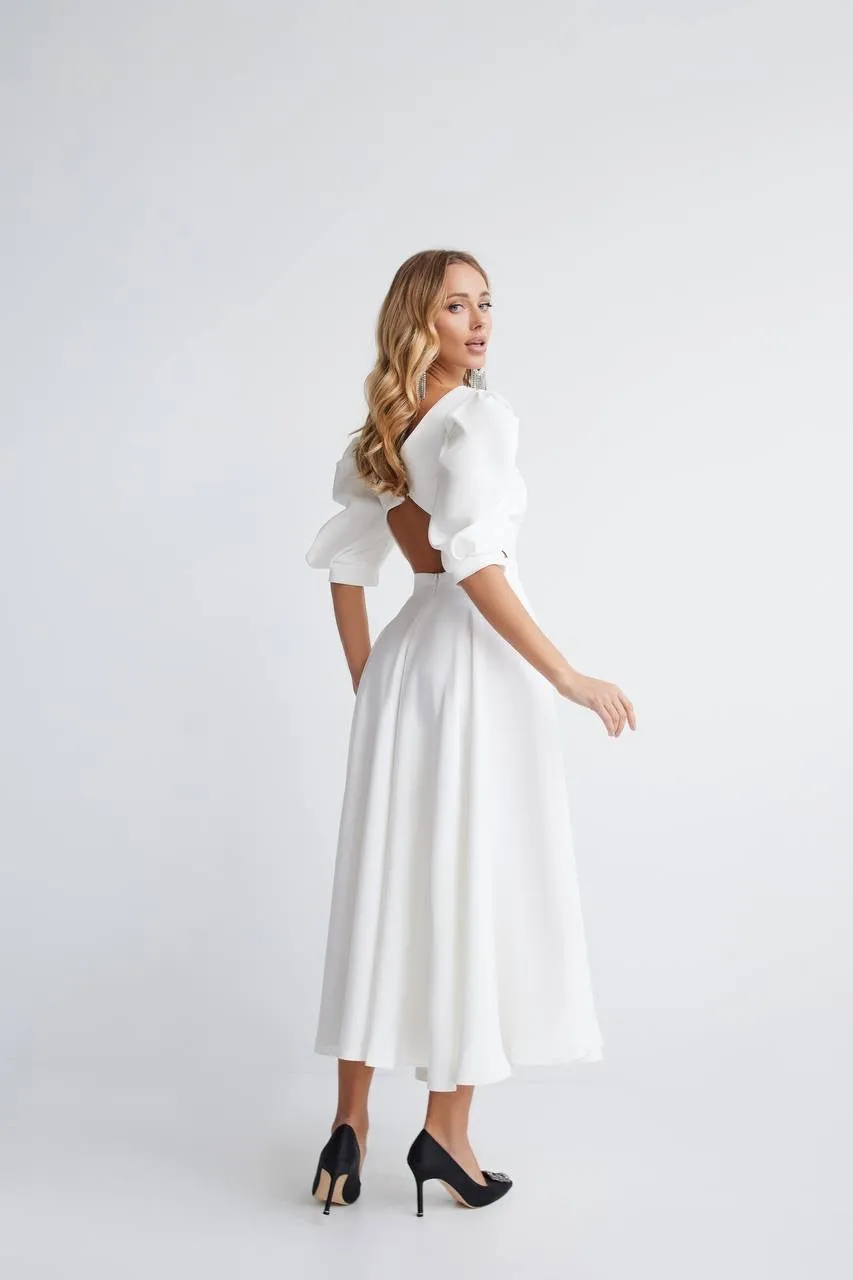 White midi dress "Open back pearl"
