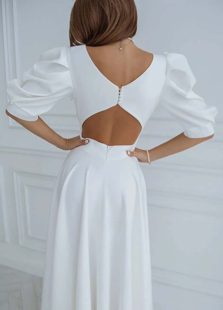 White midi dress "Open back pearl"