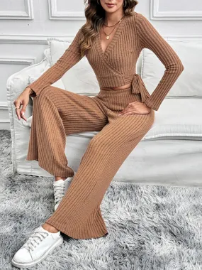 Women Ribbed Coffee Outfit Flared Pants and Crop Top
