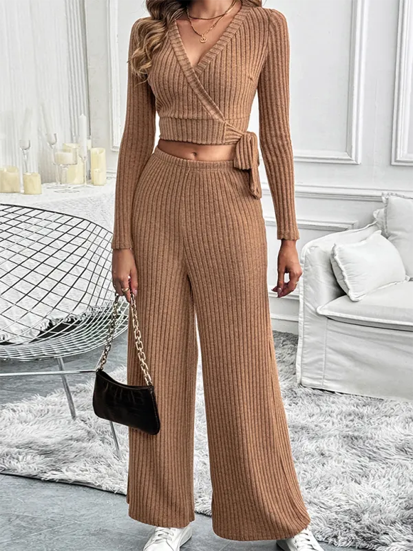 Women Ribbed Coffee Outfit Flared Pants and Crop Top