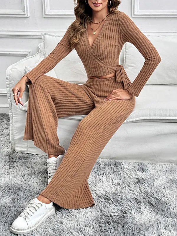 Women Ribbed Coffee Outfit Flared Pants and Crop Top