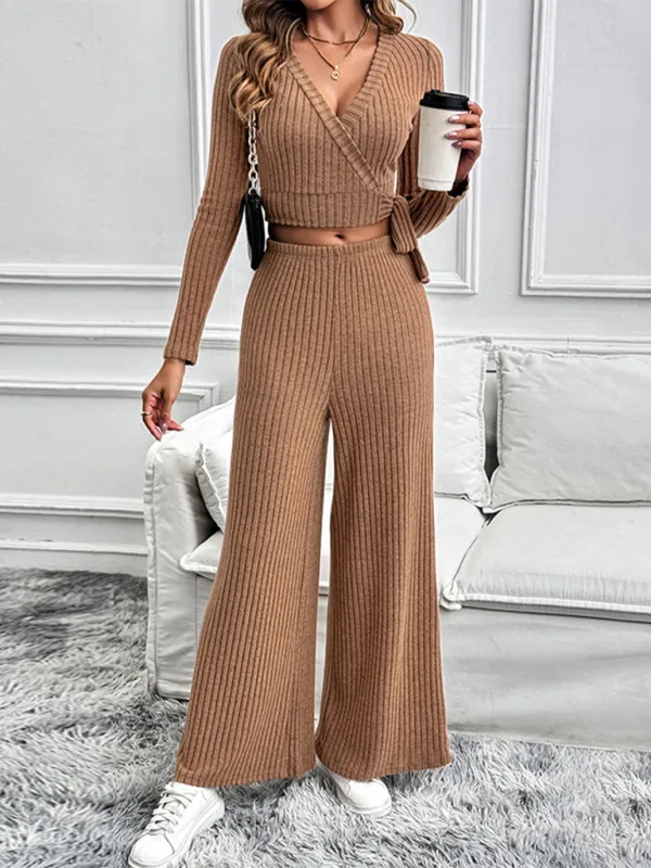 Women Ribbed Coffee Outfit Flared Pants and Crop Top