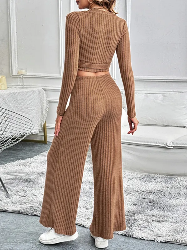 Women Ribbed Coffee Outfit Flared Pants and Crop Top
