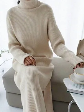 Women'S Solid Color High Neck Long Knitted Dress